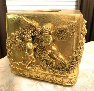 Vintage Gold Resin Cherubs Tissue Box Holder Dispenser Cover - Kleenex