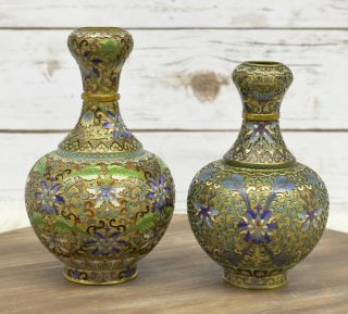 Antique Chinese Brass Cloisonne Champleve Enamel Vase Set Of 2 Floral Design