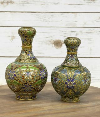 Antique Chinese Brass Cloisonne Champleve Enamel Vase Set Of 2 Floral Design 2