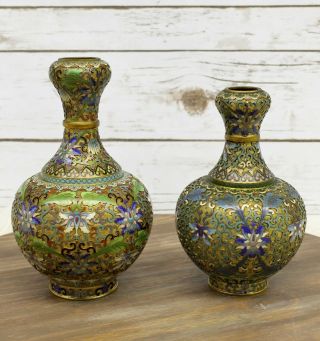 Antique Chinese Brass Cloisonne Champleve Enamel Vase Set Of 2 Floral Design 3