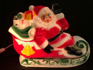 Vintage 1970 Empire Plastics Blow Mold Santa Claus On Sleigh Lights Up