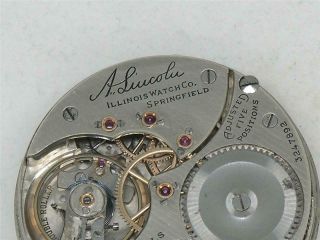 16s Illinois 21 Jewel " A.  Lincoln " Railroad Movement & Dial,  Running