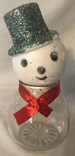 Vintage Christmas Mid Century Snowman Glass Styrofoam Candy Jar 1950 