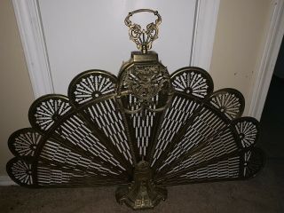 Vintage Antique Ornate Solid Brass Peacock Fireplace Fan Folding Screen Art Deco