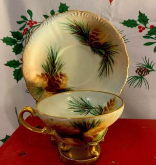 Vtg Tea Cup And Saucer China Hand Painted Footed Signed Christmas Pinecone