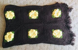 Vintage Hand Crochet Wool? Afghan Blanket/throw 84x55 Brown W/emb.  Yellow Daisies