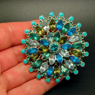 Vintage Jewellery Gorgeous Large Silver Tone Blue Green Glass Flower Brooch Pin