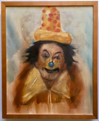 Old Vintage 1960s Mid Century Clown Portrait Oil Painting Signed Benali