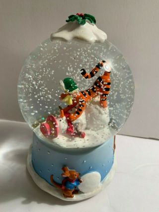 Vintage Sankyo Tigger Tackling Snowman Music Snow Globe - Plays " Jingle Bell Rock "