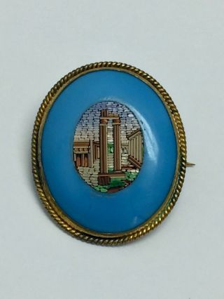 Fine Antique Victorian Grand Tour Turquoise Opaline Micro Mosaic Brooch