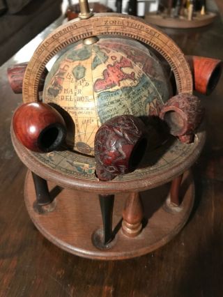 Vintage Globe Tobacco Pipe Stand With 6 Smoking Pipes & Wood Pipe Stand