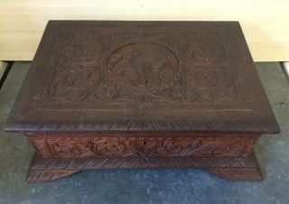 Wonderful Old Antique Vintage Indian Carved Wooden Teak Table Box Elephant 14in