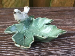 Transpac Vintage Ceramic Bird Bath Sparrow Resting On Green Leaf Figurine - Gem