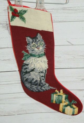 Vintage Christmas Handmade Needlepoint Stocking Tabby Gray Cat Presents Holiday