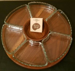 Vtg Mcm Kustom Kraft Black Walnut Lazy Susan Glass/dip Dish/bowl Wooden Cup