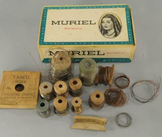Box Of Vintage Spools Of Steel And Brass Wire