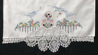 2 Vtg Pillowcases - Southern Belle Crocheted Skirt Hand Embroidered - 21” X 33 1/2 "