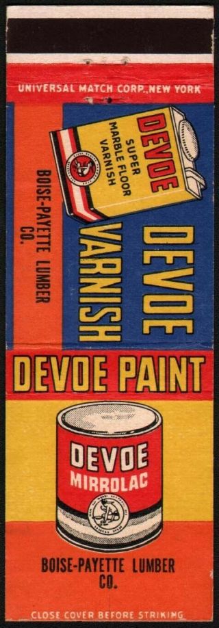 Vintage Matchbook Cover Devoe Paint Morrolac Varnish Boise Payette Lumber Co
