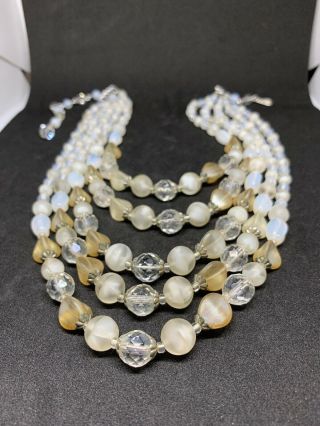 Vintage 5 Strand Crystal Moonstone Gold Glass Bead Necklace 1940s 1950s