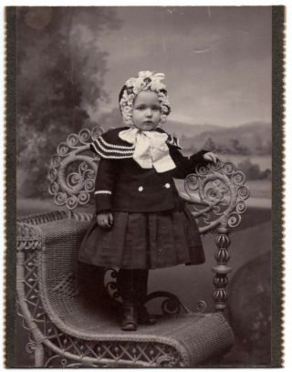 Vtg Antique Cabinet Card Photo Darling Baby Girl Standing Wicker Chair