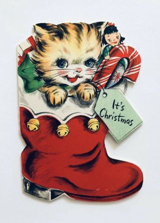 Vintage Hallmark Christmas Card Kitty Cat Kitten Santa Boot Girl Doll Candy Cane