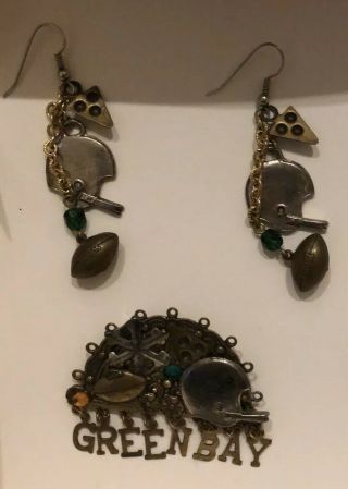 Vintage Rare Green Bay Packers Nfl Football Costume Jewelry Set Brooch Earrings