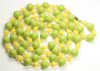 Vintage Mid Century Long Yellow & Green Lucite Plastic Ball Flower Bead Necklace