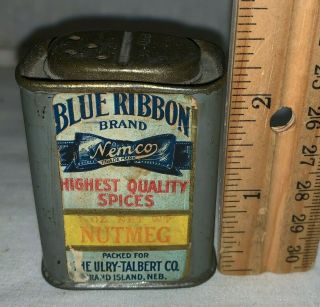 Antique Blue Ribbon Nutmeg Spice Tin Grand Island Ne Can Vintage Country Store