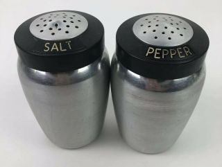 Vintage Mid Century Modern Atomic Salt Pepper Shakers Canisters Black Lid Mcm
