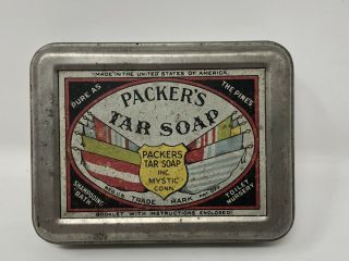 Vintage Packers Tar Soap Mystic Connecticut Empty Advertising Tin Stash Box Case