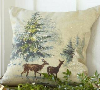 Pottery Barn Winter Forest Trees Deer Pillow Cover Holiday Christmas Stag Euc