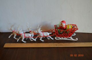Vintage Christmas Plastic Santa Sleigh Reindeer 14 Inch Decoration