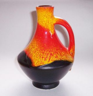 Vintage West German Keramic Bay 67 - 17 Pottery Handle Lava Vase Red Yellow Black