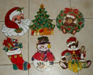 6 Vintage Giftco Christmas Stained Glass Suncatcher Window Santa Tree Snowman