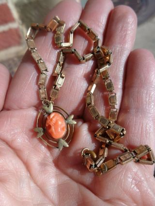 Antique Victorian Carved Salmon Coral Cameo Gold Filled Bookchain Necklace
