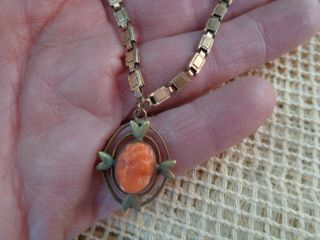 ANTIQUE VICTORIAN CARVED SALMON CORAL CAMEO GOLD FILLED BOOKCHAIN NECKLACE 2