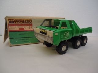 Vintage Ussr  Ural  Wind Up Tin Toy Dump Truck - Very Rare 6 Tires,  Box