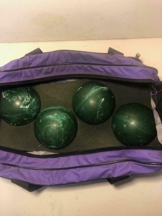Vintage Set of 4 Candlepin Bowling Balls with Bag 2.  4oz Green 2