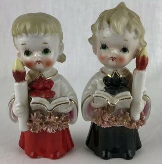 Victoria Ceramics Choir Boy And Girl Japan Figurines Holding Candles Labels Vtg