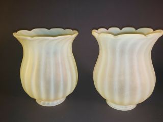 2 Antique Yellow Satin Vaseline Glass Lamp Shades Scalloped Rim 2 1/4 " Fitter