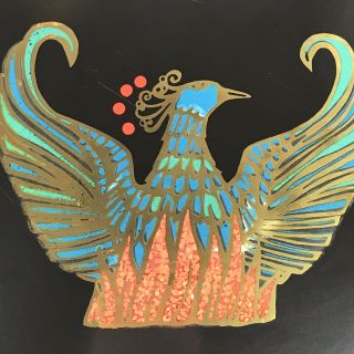 Vintage Couroc Round Phoenix Bird Legend Tray Brass Stone Inlay Gorgeous 2