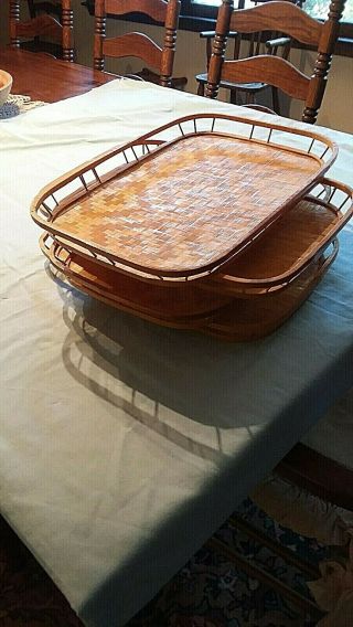 (4) Vintage Bamboo Woven Rattan Wicker Tiki Bar Boho Style Trays 13 x 18 inch 2