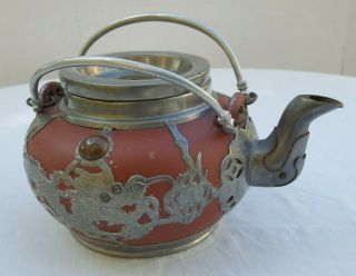 Antique Chinese Qing Tea Set With Pewter Dragon Mounts Red Yixing Clay Stoneware