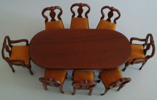 Vintage Sonia Messer Doll House Miniature Walnut Table & Eight Chairs
