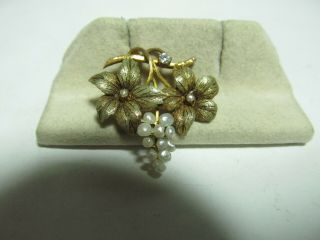 Late Victorian 14k Solid Gold Pin With Mine Cut Natural Diamond & Pearls.