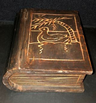 Antique Hand Made Primitive Book Shaped Wood Document / Bible Box