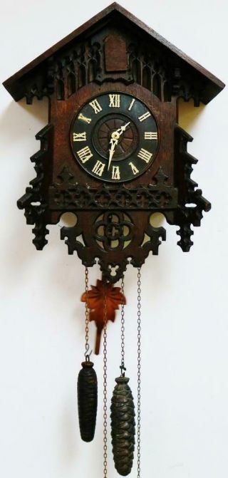 Antique German Black Forest Carved Cuckoo Wall Clock Twin Weight Driven Movement