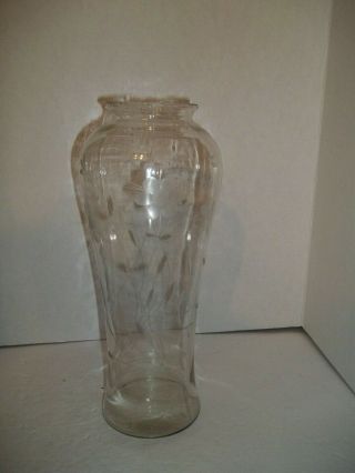 Vintage Antique 12.  5 " Tall Corset Etched Flower Glass Mantle Vase Notched Edge