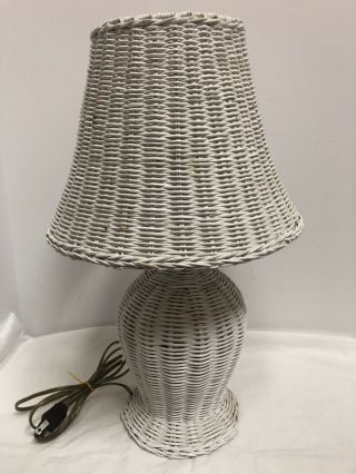 Vintage White Wicker Table Lamp 17”tall W/ Shade - Cottage White Wicker Lamp