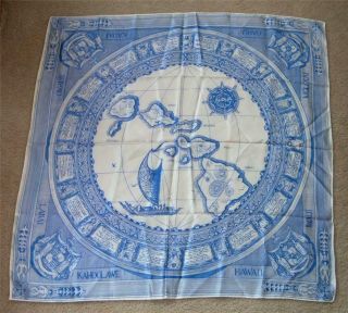Vintage Hawaii State Map Scarf History Blue And White Tiki Gods 31 " Square Satin